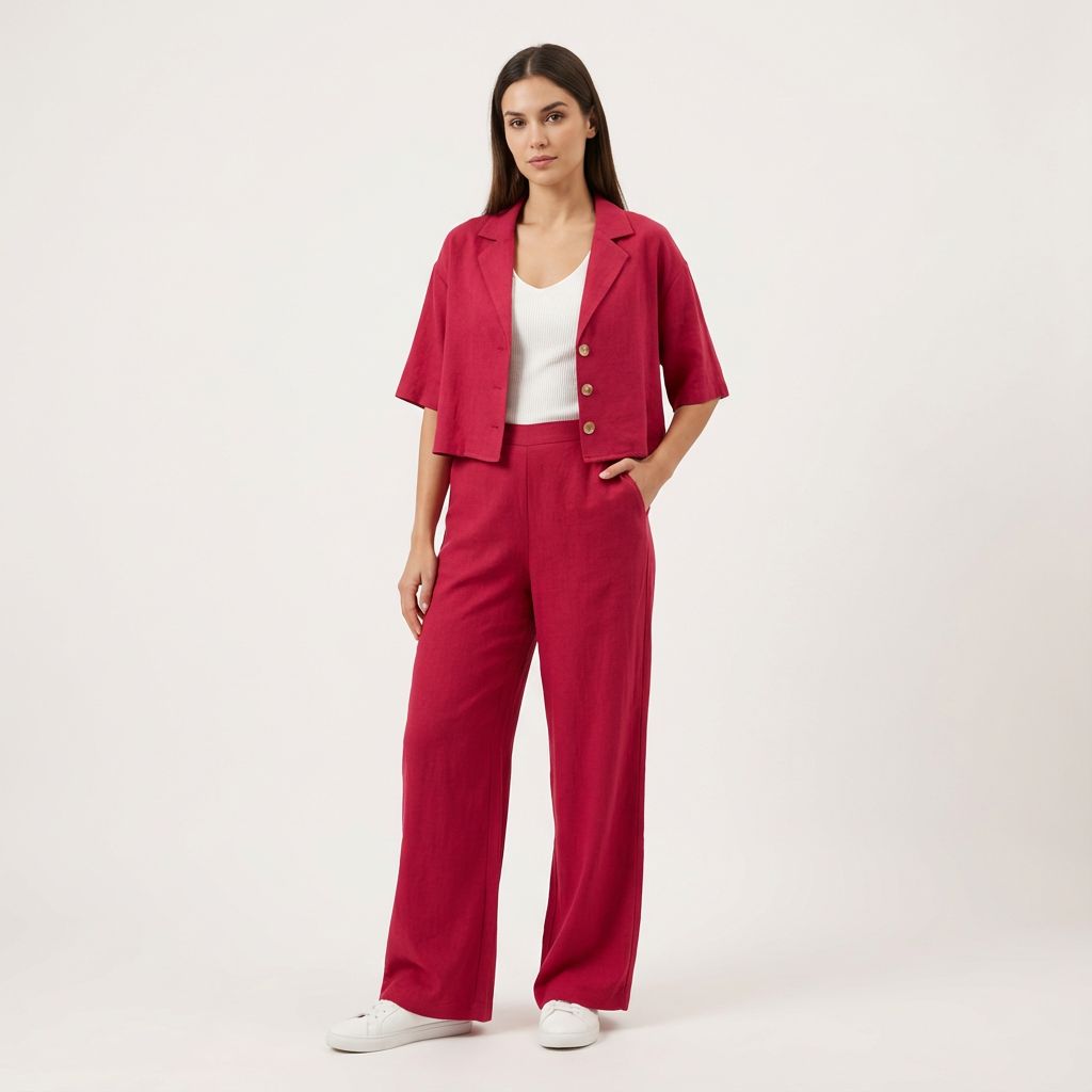 Conjunto de Lino Camisa Cuello Blazer y Palazzo con Bolsillos