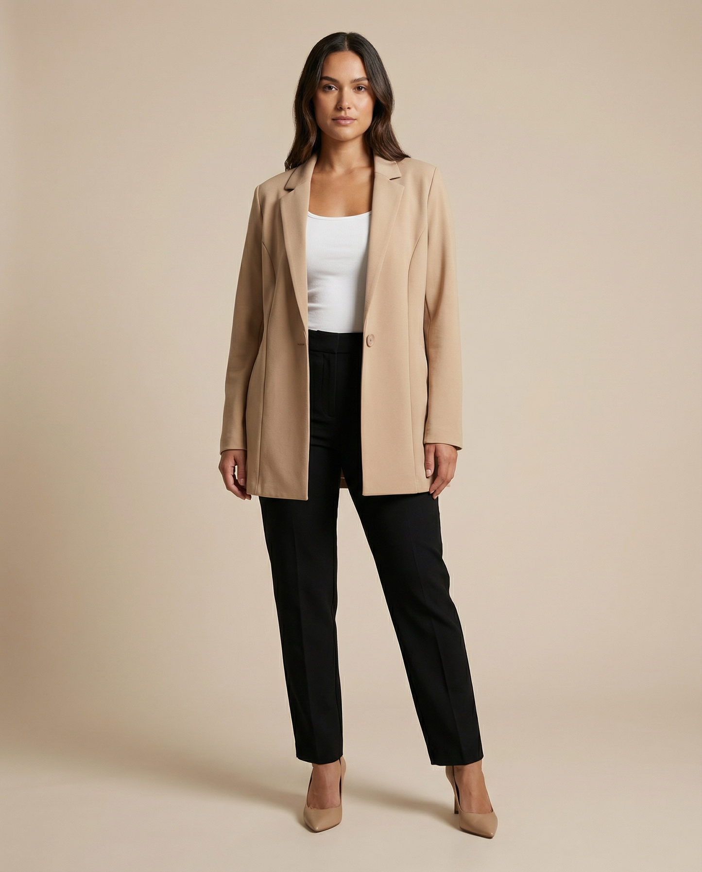 Blazer Largo Crepe Elasticado con Manga Fruncida