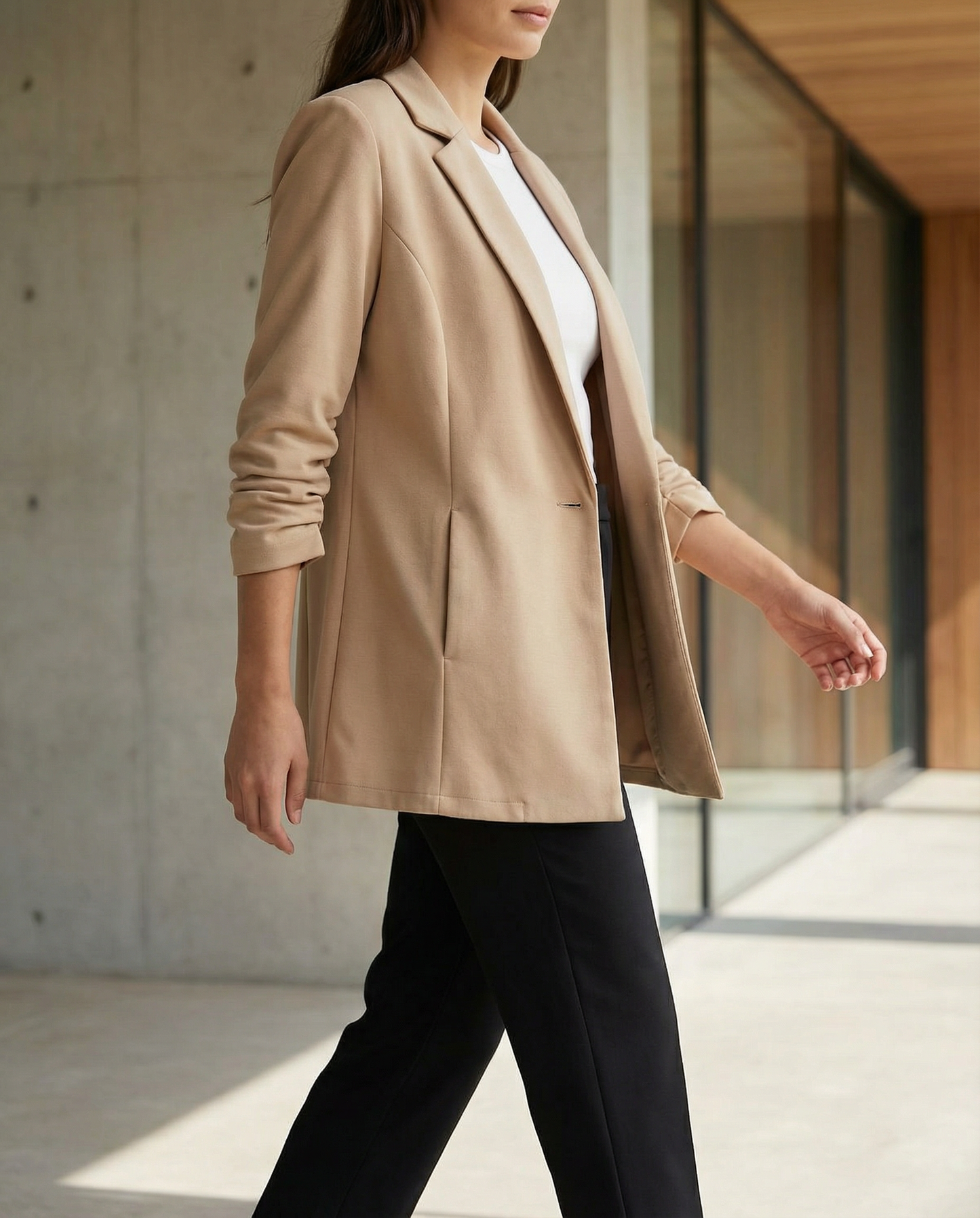 Blazer Largo Crepe Elasticado con Manga Fruncida