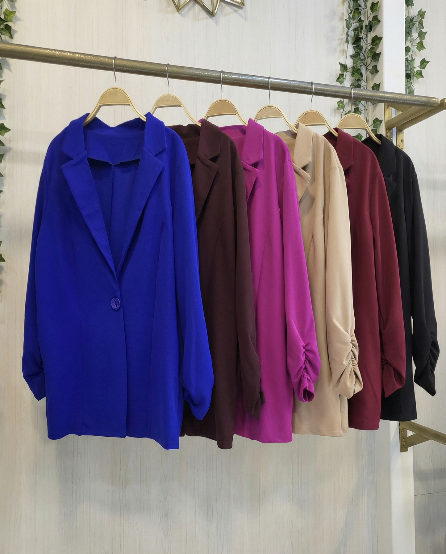 Blazer Largo Crepe Elasticado con Manga Fruncida