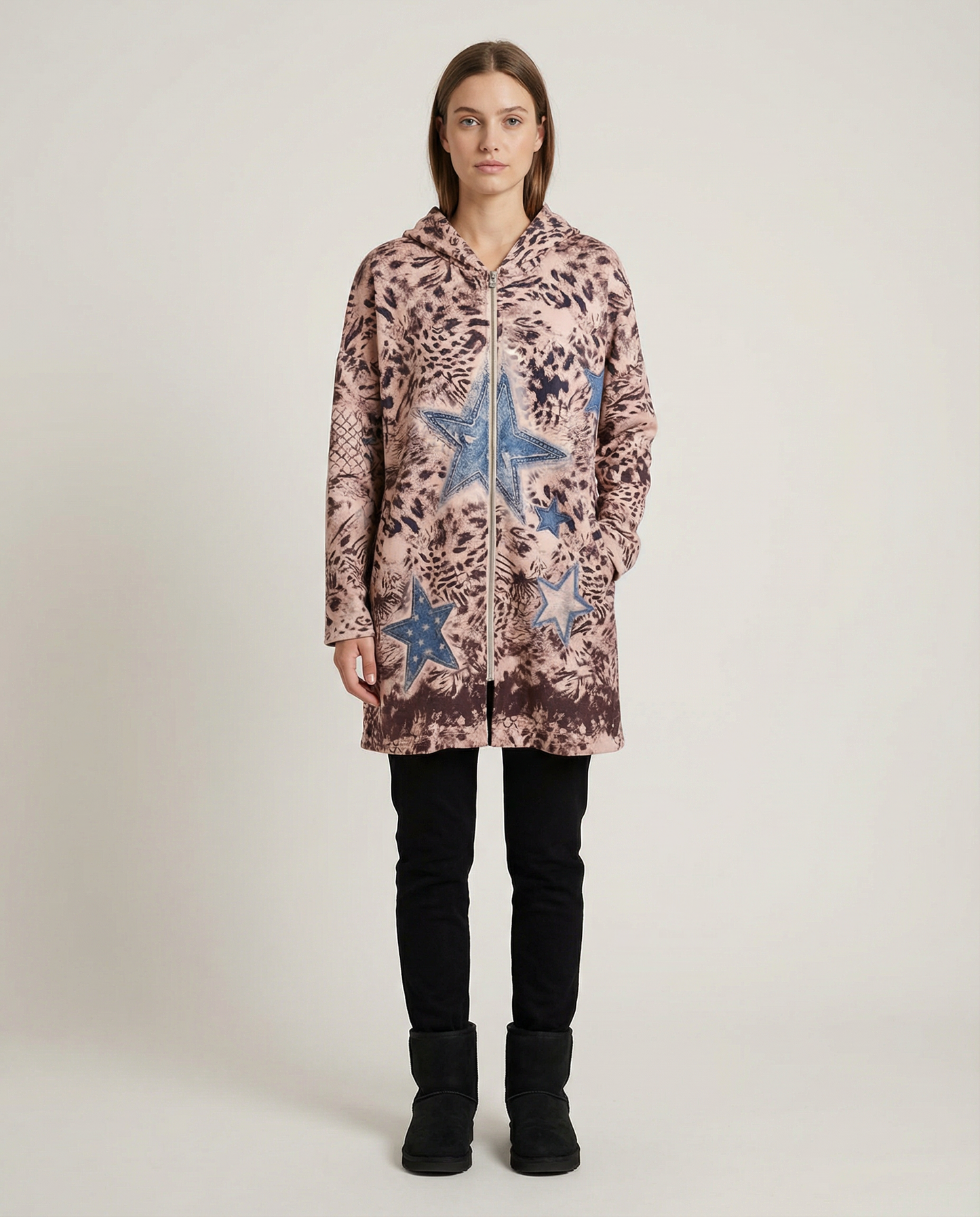 Chaqueta Gamuza Estampada con Capucha