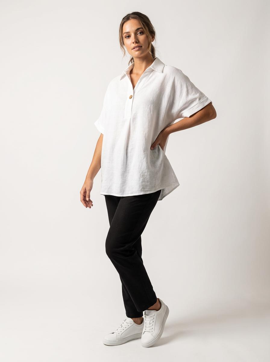 Blusa de Lino Manga Corta Cuello Camisero