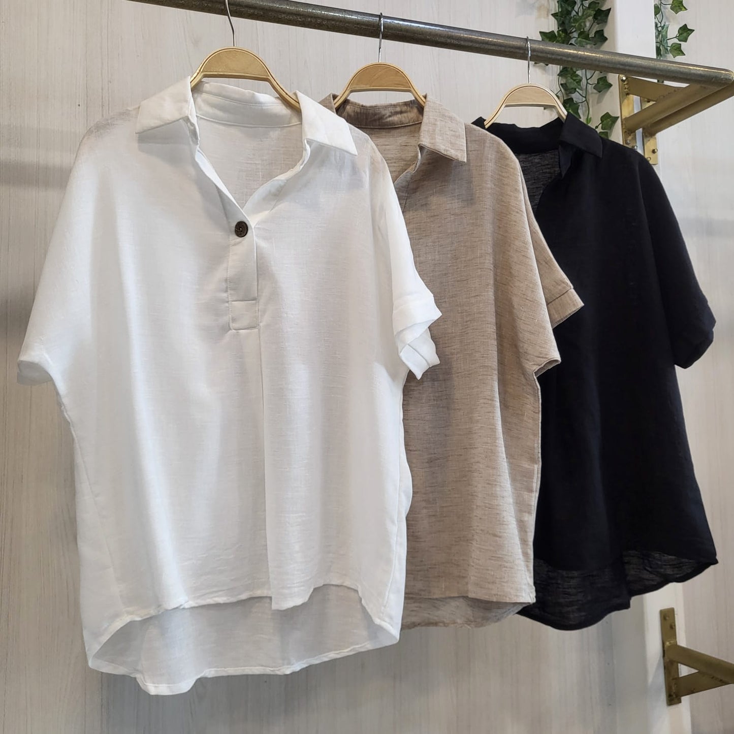 Blusa de Lino Manga Corta Cuello Camisero